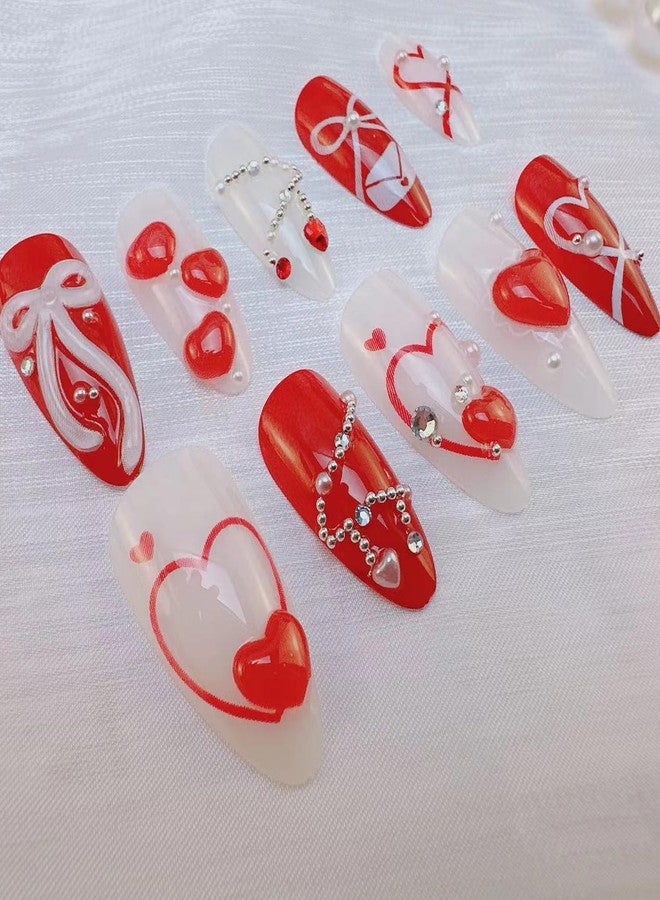 YKZFUI 24Pcs Valentine's Press on Nails Medium Red Heart Fake Nails with 3D Bow Love, White Pearl & Rhinestones Designs French False Nails Tip Stick on Nails Almond Shaped Full Cover Glue on Nails for Women - Image 4